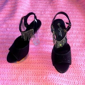 Black platform heels with silver rhinestone fringe